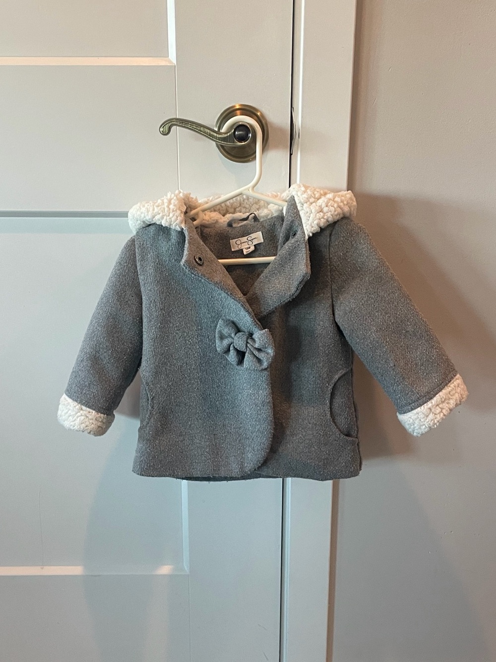 Jessica Simpson Toddler Hooded Pea Coat in Gray with Cream Trim